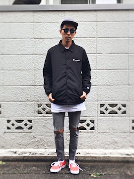 「Champion（チャンピオン）のアイテム（ブルゾン）」を使った、macky☺︎さん（メンズ・172cm）の秋コーディネート