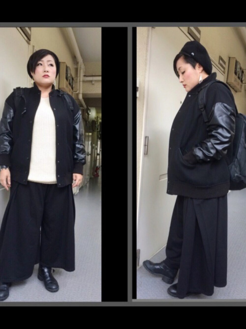 「冬コーデ、SLY、moussy、袴パンツ、白黒コーデ、ぽっちゃりコーデ、着痩せコーデ、ベレー帽推奨委員会」｜「SLYのアイテム（ハンチング/ベレー帽、ブラック系）」を使った、manaさん（レディース・161cm）の秋コーディネートの1枚目の写真