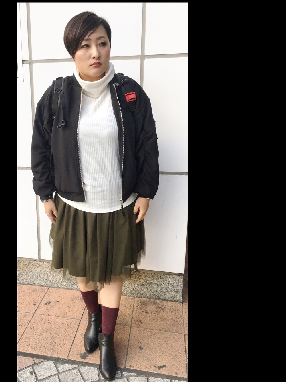 「甘辛ミックス、チュールスカート、スタジャン、ホワイト」｜「RETRO GIRLのアイテム（スタジャン、ブラック系）」を使った、manaさん（レディース・161cm）の冬コーディネートの1枚目の写真