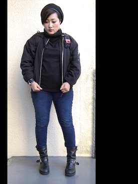 「ブーツイン」｜「アイテム（スタジャン）」を使った、manaさん（レディース・161cm）の冬コーディネート