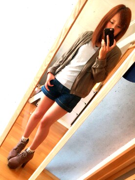 「GU（ジーユー）のアイテム（ブルゾン、グリーン系）」を使った、岸絢佳さん（レディース・161cm）の秋コーディネート