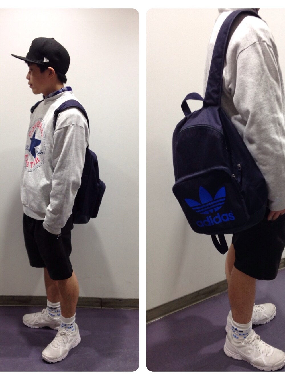 「adidas、converse、NEW ERA、adidas originals」｜「adidasのadidasリュック（バックパック/リュック、ブルー系）」を使った、ふじたあゆむさん（メンズ・165cm）の春コーディネートの1枚目の写真