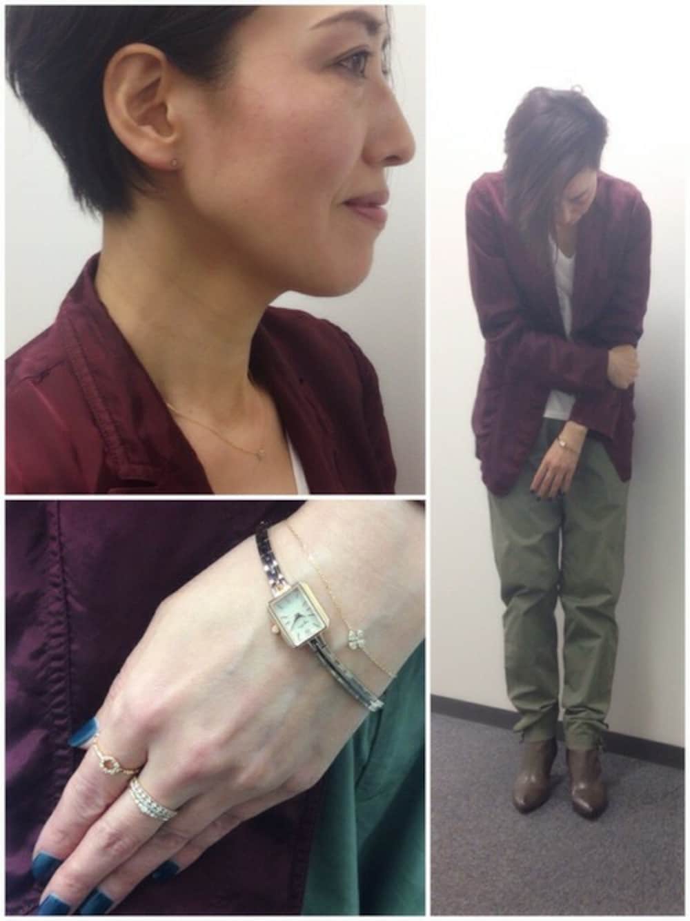 ゴールド系のブレスレット、ゴールド系のアナログ腕時計、ゴールド系のピアス（両耳用）を着用したレディースの春コーディネートの1枚目の写真