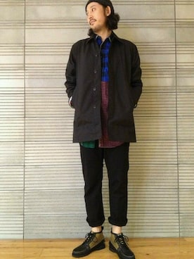 「MANASTASH（マナスタッシュ）のアイテム（ステンカラーコート）」を使った、naouさん（メンズ・180cm）の夏コーディネート