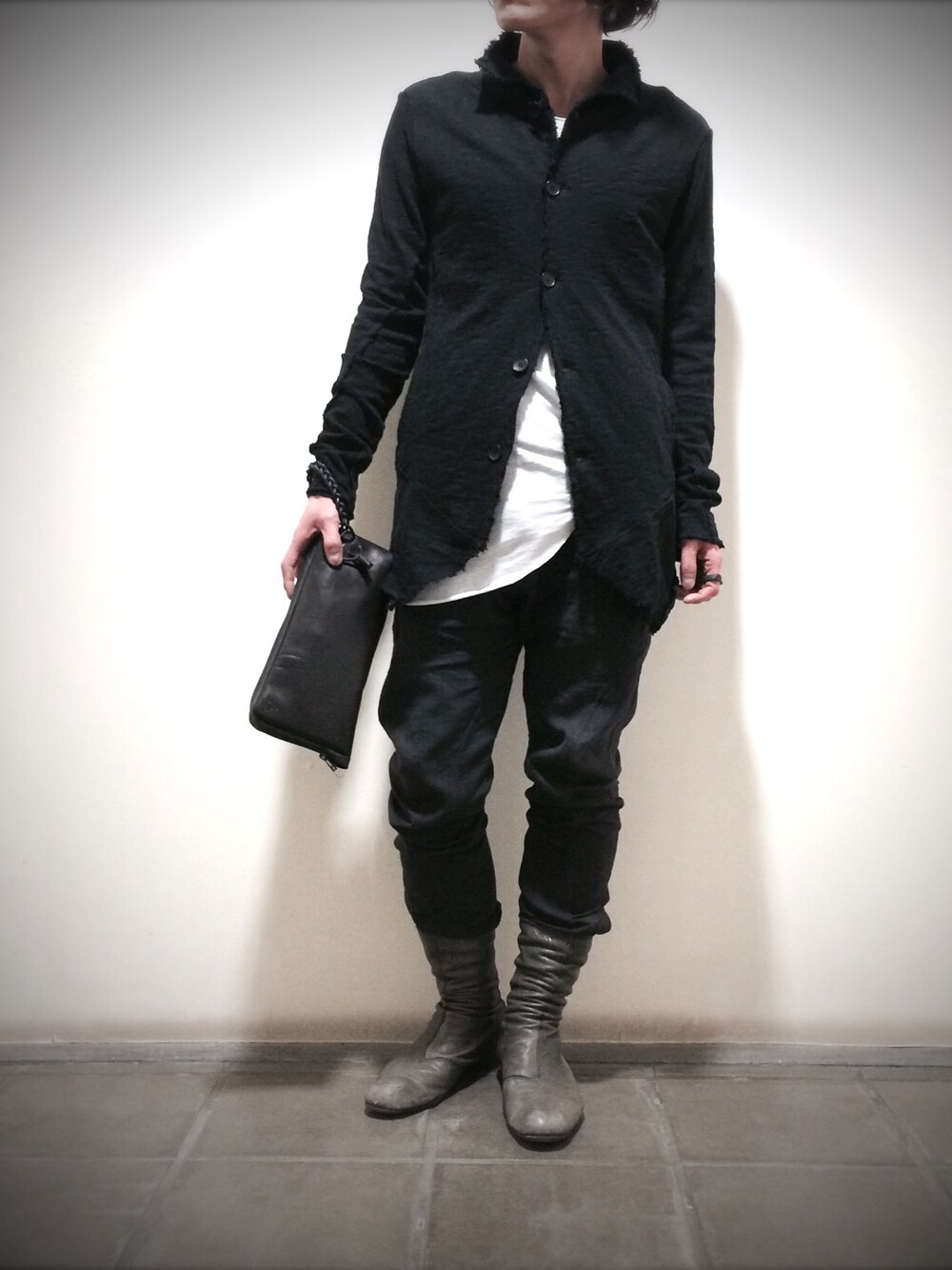 「ブラック、札幌、モード、kagari yusuke、カガリユウスケ、札幌セレクトショップNOIR、noir、札幌モードファッション、thom krom、トムクロム」｜「THOM KROMのTHOM KROM / トムクロム Cotton Jersey Jacket 札幌セレクトショップNOIR（ノーカラージャケット、ブラック系）」を使った、dark_fashionさん（メンズ・172cm）の春コーディネートの1枚目の写真