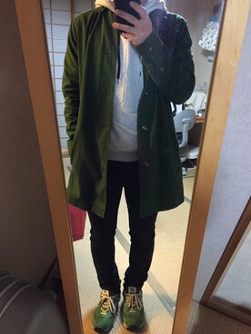 「アイテム（ステンカラーコート、グリーン系）」を使った、Yoo￣／さん（メンズ・164cm）の冬コーディネート