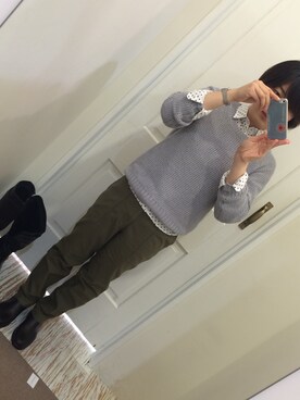 「equipee (エキペ)のアイテム（チノパンツ、グリーン系）」を使った、かおりさん（レディース・153cm）の冬コーディネート