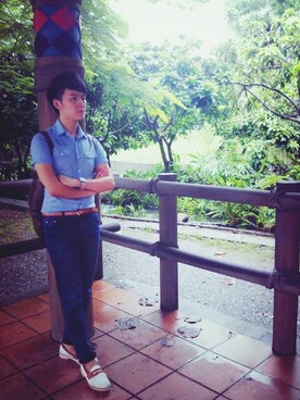 「blue」｜「アイテム（モカシン/デッキシューズ）」を使った、RyanMaoさん（メンズ・172cm）の夏コーディネート