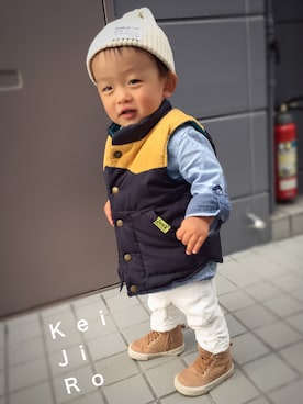 「アイテム（ダウンベスト、その他）」を使った、k e i j i r oさん（キッズ・80cm）の秋コーディネート