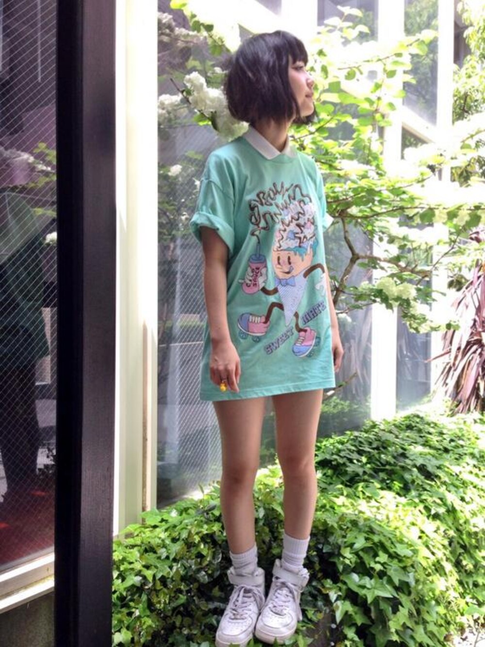 「ミントグリーン、 ポロシャツ、sweet、galaxxxy、 お気に入りのTシャツ」｜「galaxxxyのSWEET MATE C.BOY Tシャツ（Tシャツ/カットソー、グリーン系）」を使った、galaxxxyさん（レディース・154cm）の春コーディネートの1枚目の写真