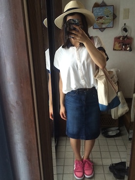 「コクーンスカート」｜「アイテム（帽子）」を使った、なえさん（レディース・152cm）の夏コーディネート