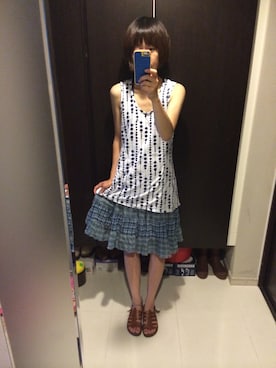 「GAIJIN MADE（ガイジンメイド）のアイテム（チュニック、ブルー系）」を使った、まーさん（レディース・162cm）の夏コーディネート