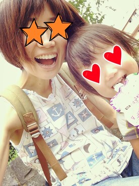 「BLUE BLUE（ブルーブルー）のアイテム（Tシャツ/カットソー、ベージュ系）」を使った、まーさん（レディース・162cm）の夏コーディネート