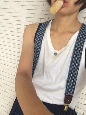 「HAPPYBOUNCE（ハッピーバウンス）のクラシックドットバウンス（サスペンダー、ブルー系）」を使った、まーさん（レディース・162cm）の夏コーディネート