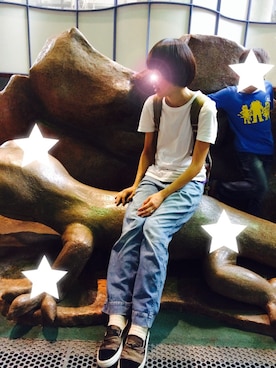 「無印良品（ムジルシリョウヒン）のアイテム（Tシャツ/カットソー、ホワイト系）」を使った、まーさん（レディース・162cm）の夏コーディネート