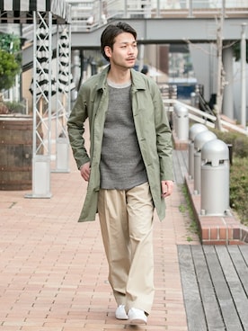「カーキアウター」｜「アイテム（ステンカラーコート）」を使った、yukihigashiuraさん（メンズ・172cm）の春コーディネート