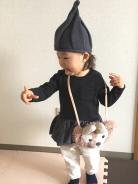 「ぺプラムトップス」｜「アイテム（ニットキャップ/ビーニー）」を使った、ricoooさん（キッズ・80cm）の冬コーディネート