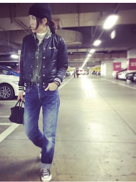 「Champion（チャンピオン）のアイテム（ナイロンジャケット）」を使った、tmk_pさん（レディース・163cm）の冬コーディネート