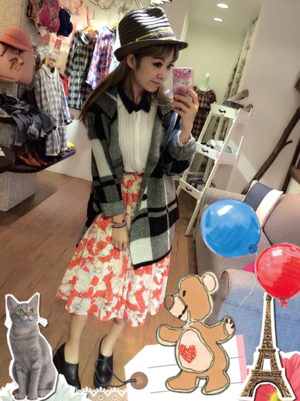 「2014、fashion、sweet、girly  style 、girl、autumn」｜「大格紋翻領外套（ピーコート、その他）」を使った、Yami miteさん（レディース・155cm）の秋コーディネートの1枚目の写真
