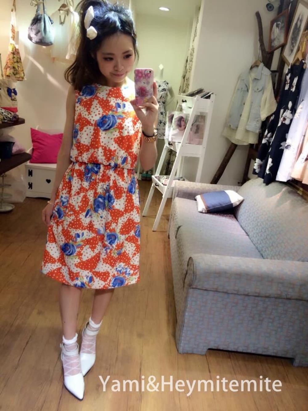 「spring、orange、flower、dress、heels、girl、fasion、sweet、Taiwan、yami&heymitemite」｜「日系花朵洋のアイテム（ワンピース、オレンジ系）」を使った、Yami miteさん（レディース・158cm）の春コーディネートの1枚目の写真
