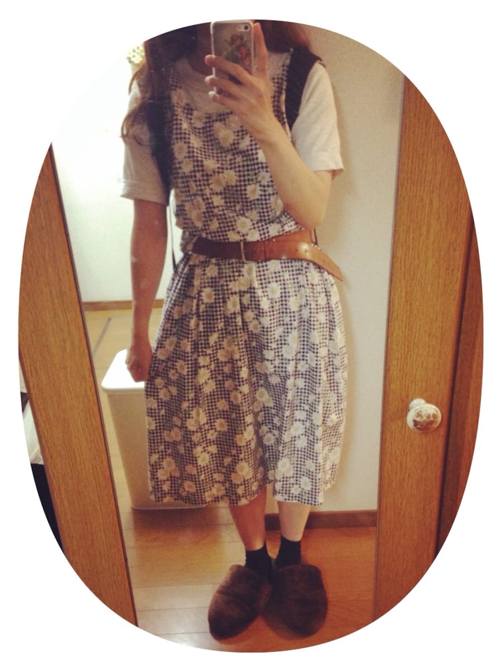 「ワンピース、used、柄ワンピース」｜「うす紫色のTシャツ（Tシャツ/カットソー、パープル系）」を使った、さちこさん（レディース・152cm）の夏コーディネートの1枚目の写真