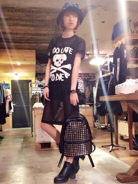 「網子骷髏T（Tシャツ/カットソー、ブラック系）」を使った、Qiuyunさん（レディース・170cm）の夏コーディネート