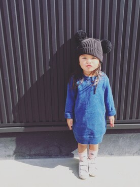 「Mini Rodini（ミニロディーニ）のアイテム（ニットキャップ/ビーニー）」を使った、maya.148さん（キッズ・80cm）の秋コーディネート