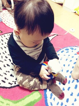 「アイテム（ママ＆ベビー、グリーン系）」を使った、おいもさん（キッズ・80cm）の秋コーディネート