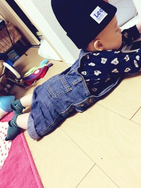 「アイテム（ママ＆ベビー、グリーン系）」を使った、おいもさん（キッズ・80cm）の秋コーディネート