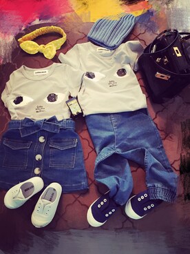 「Levis BLACK（リーバイスブラック）のアイテム（パンツ）」を使った、carrie bangさん（キッズ・90cm）の春コーディネート