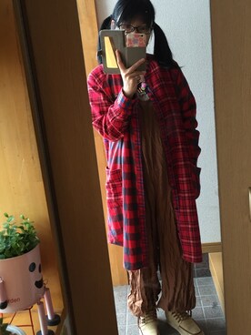 「赤チェック」｜「アイテム（その他シューズ）」を使った、ハルさん（レディース・153cm）の秋コーディネート