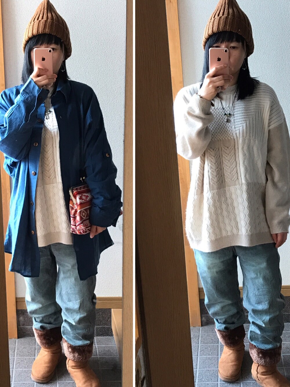 「パンツスタイル、ラクチンコーデ、カジュアル、GU、ニット、ムートンブーツ」｜「GUのアイテム（ニットキャップ/ビーニー、ブラウン系）」を使った、ハルさん（レディース・153cm）の冬コーディネートの1枚目の写真