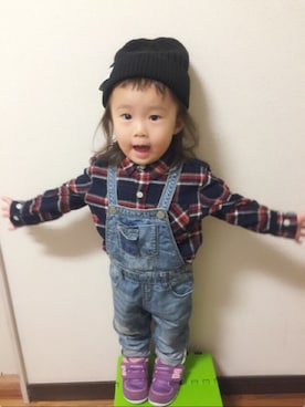 「ADPOSION（アドポーション）のアイテム（ニットキャップ/ビーニー）」を使った、nakiさん（キッズ・80cm）の秋コーディネート