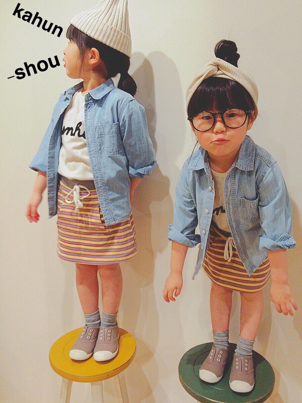 「LAGOM、西松屋、birthday、niko and ...、GLOBAL WORK、春コーデ、年子、姉妹コーデ、お揃い、キッズ」｜「西松屋のアイテム（シャツ/ブラウス、ブルー系）」を使った、ssacchiさん（キッズ・110cm）の春コーディネートの1枚目の写真