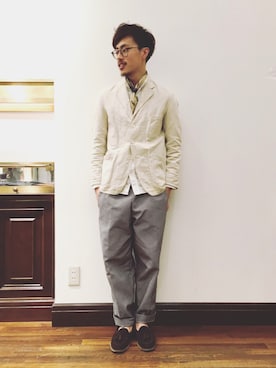 「アイテム（ストール/ショール、ブルー系）」を使った、まきたく@休止中さん（メンズ・170cm）の春コーディネート