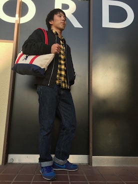 「ネルシャツ」｜「アイテム（MA-1）」を使った、GIORDANOサンステ福山店さん（メンズ・165cm）の秋コーディネート
