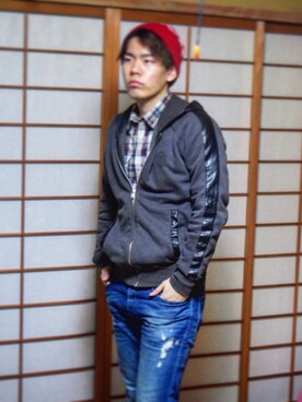 「Abercrombie&Fitch（アバークロンビーアンドフィッチ）のアイテム（ニットキャップ/ビーニー）」を使った、fuxxさん（メンズ・170cm）の冬コーディネート