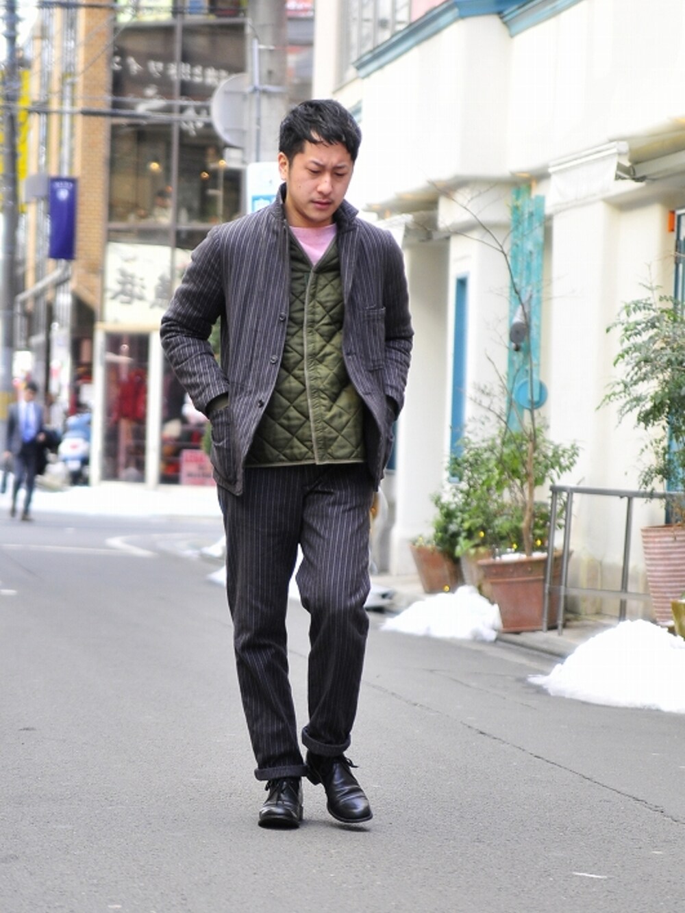 「古着、セットアップ、キルティング、ストライプ、ワーク、古着MIX、ライナー」｜「A VONTADEの20s Brick Rayer Jacket（テーラードジャケット、ブラック系）」を使った、TsukasaKanamaruさん（メンズ・168cm）の冬コーディネートの1枚目の写真