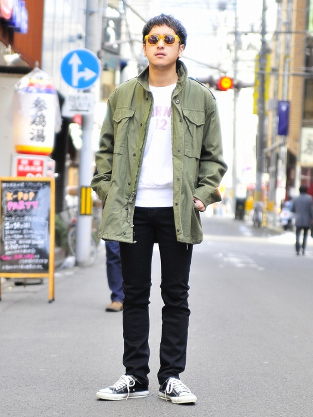 「古着、ミリタリー、アメカジ、オールスター、黒スキニー」｜「MILITARYのM-65 Field Jacket（ミリタリージャケット、グリーン系）」を使った、TsukasaKanamaruさん（メンズ・168cm）の冬コーディネートの1枚目の写真