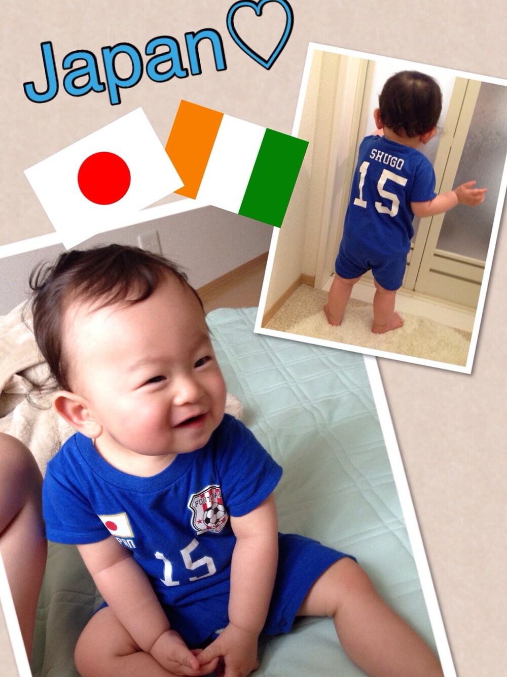 「kids、スポーツミックス、ロンパース、ジャパンブルー、観戦スタイル、日本代表ウェア」｜「アイテム（ロンパース、ブルー系）」を使った、shugoさん（キッズ・70cm）の夏コーディネートの1枚目の写真