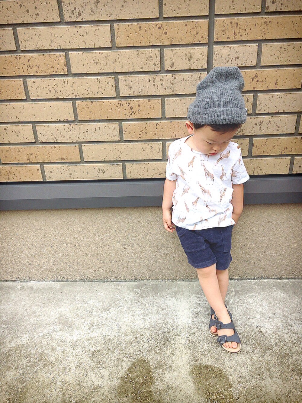 「キッズファッション、夏、ハーフパンツ、アニマルＴシャツ」｜「ZARA KIDSのアイテム（サンダル、ブラック系）」を使った、shugoさん（キッズ・90cm）の夏コーディネートの1枚目の写真