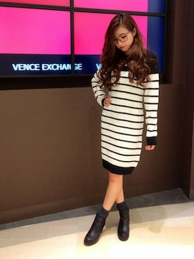 「ボーダーニット」｜「アイテム（ワンピース/ドレス）」を使った、chizuruさん（レディース・156cm）の冬コーディネート