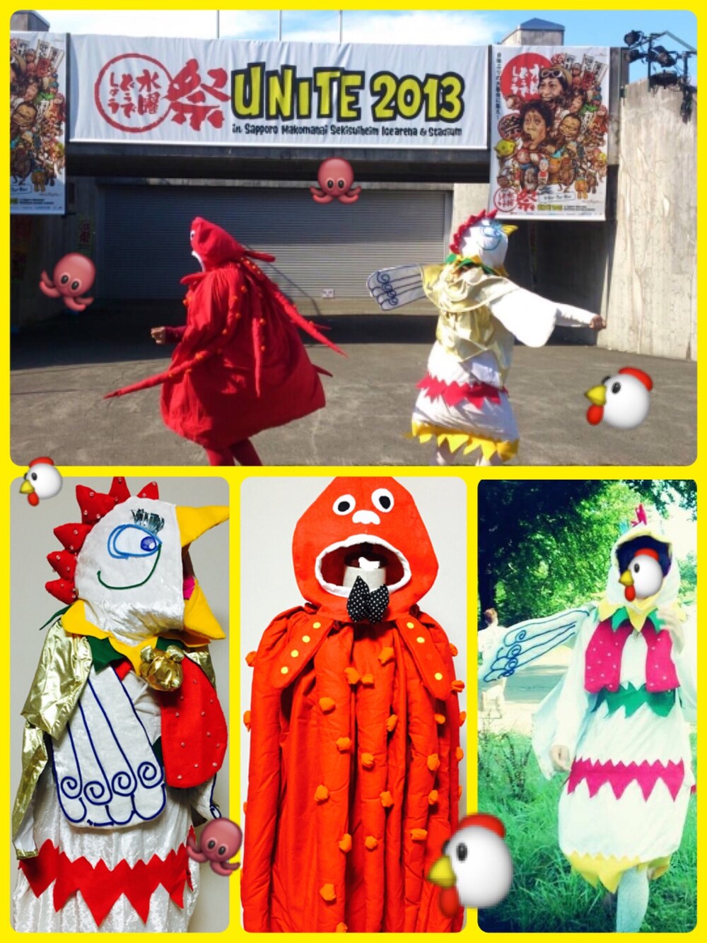 「水曜どうでしょう、ニワトリ星人、タコ星人、どうでしょう祭、楽しかったなぁ…、いったい何人と写真撮ったか笑笑、ハロヲタ工作部、番外編、これでHTBも行った、渋谷にもニワトリの顔被って行った」｜「ハロヲタ工作部のアイテム（その他、ホワイト系）」を使った、えりちん。さん（レディース・160cm）の春コーディネートの1枚目の写真