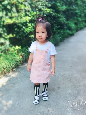 「ZARA KIDSのアイテム（スカート、ピンク系）」を使った、EvaBabyさん（キッズ）の秋コーディネート