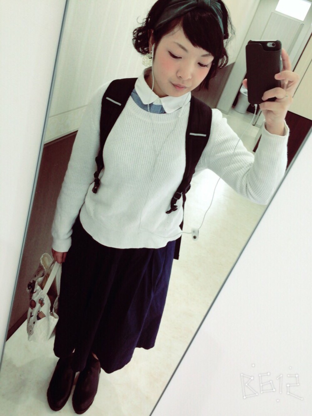 「GUのアイテム（ニット/セーター、ホワイト系）」を使った、ｕ☕️さん（レディース・151cm）の秋コーディネートの1枚目の写真