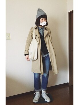 「ニットキャップ」｜「アイテム（トレンチコート）」を使った、かなみさん（レディース・163cm）の春コーディネート