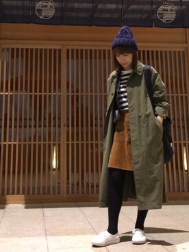 「レザースカート」｜「アイテム（ステンカラーコート）」を使った、おまきさん（レディース・157cm）の秋コーディネート