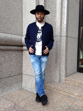 「UNITED ARROWS & SONS（ユナイテッドアローズアンドサンズ）のアイテム（ノーカラージャケット）」を使った、Motofumi"Poggy"Kogiさん（メンズ・170cm）の秋コーディネート