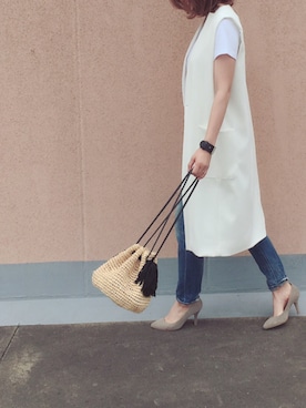 「AZUL by moussy（アズールバイマウジー）のｵｰｶﾞﾆｯｸｺｯﾄﾝVﾈｯｸ半袖PO（Tシャツ/カットソー）」を使った、♡asahi_66♡さん（レディース・160cm）の夏コーディネート