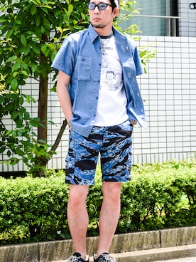 「Pherrow's（フェローズ）のアイテム（トップス）」を使った、しみずっちさん（メンズ・180cm）の夏コーディネート